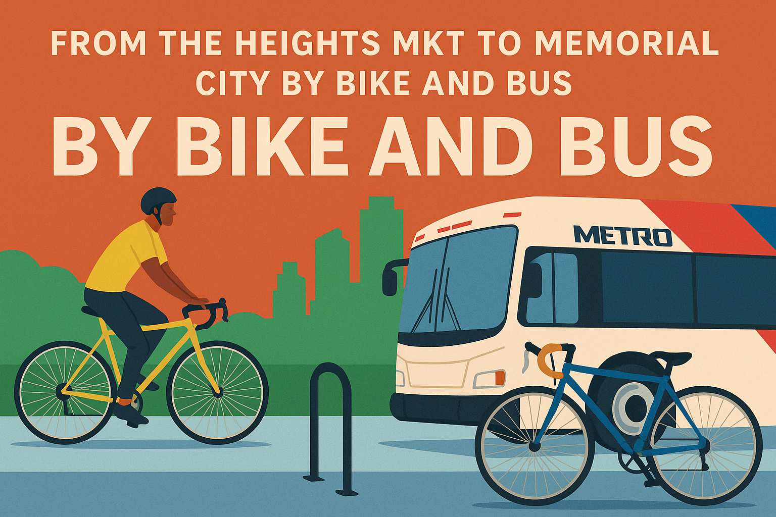 Illustrated hero graphic with the headline text “Bike + Bus: A Faster, Smarter Way to Memorial City.” The design shows a cyclist riding alongside a METRO bus, with the Houston skyline in the background. The style is clean and modern, using bright colors to emphasize multimodal transportation.